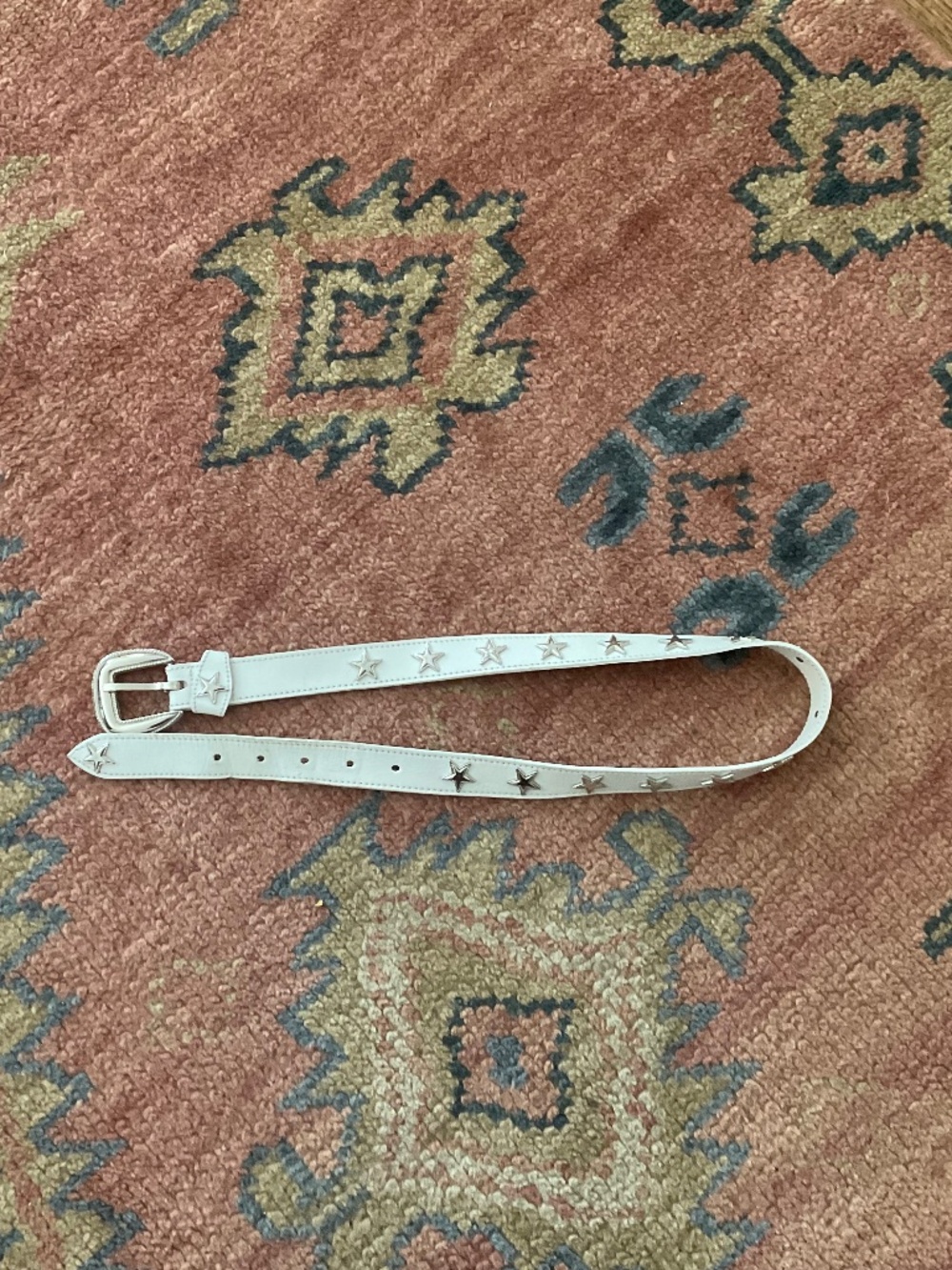Women’s white leather belt with silver stars, size M, Leather Shop